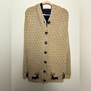 Cottagecore Cream and Brown Deer Print Sherpa Fur Lined Knit Hooded Cardigan M/L